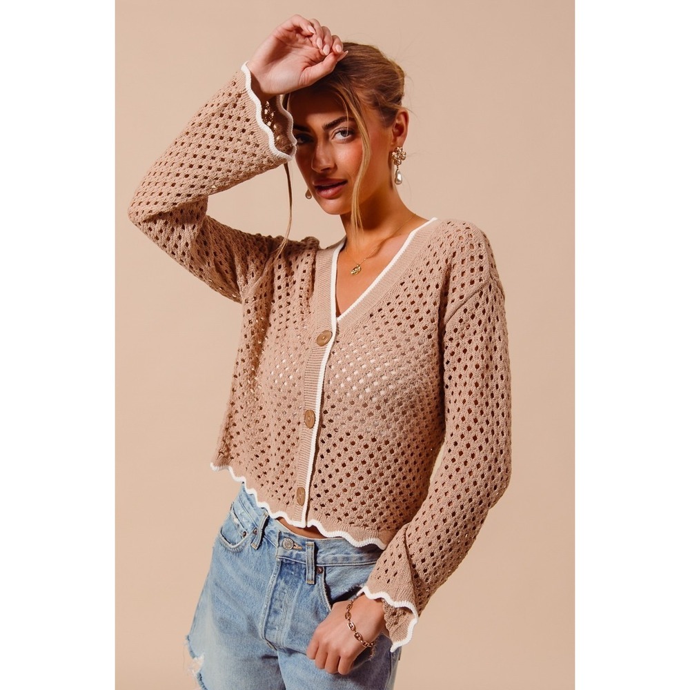 SO‎ ME Open Knit Light Weight Sweater Cardigan With Contrast Wavy Scallop Edge L - Picture 6 of 10